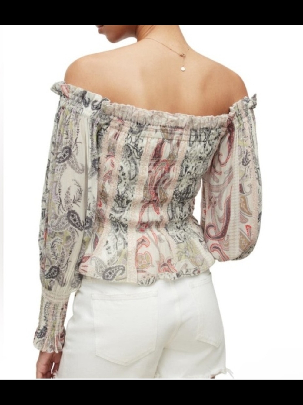AllSaints Lara Makutu Off Shoulder Top Women's US 4 Soft Pink Boho Paisley NWOT - Picture 2 of 12